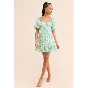 Minkpink Felicia Light Green and White Floral Mini Dress Puff Sleeve Size M